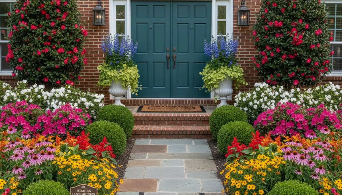 Front yard landscape design with colorful flowers and shrubs enhancing home entrance in Memphis, TN