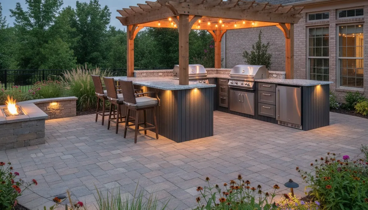 Luxury outdoor kitchen with pergola and landscape lighting in Southaven, MS by Memphis landscape designers