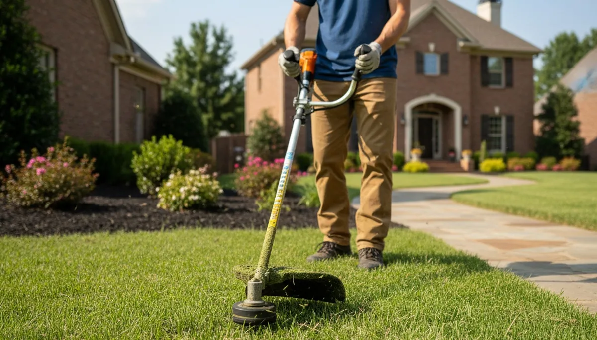 Technician edging lawn borders with string trimmer during lawn maintenance in Memphis, TN